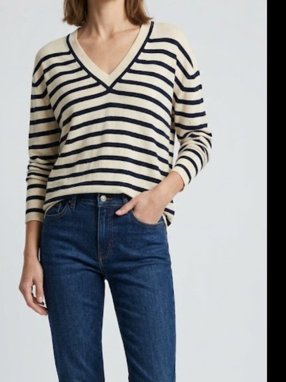 J. Crew Navy Blue & Cream Striped V-Neck Oversized Side Slit‎ Sweater Size XS